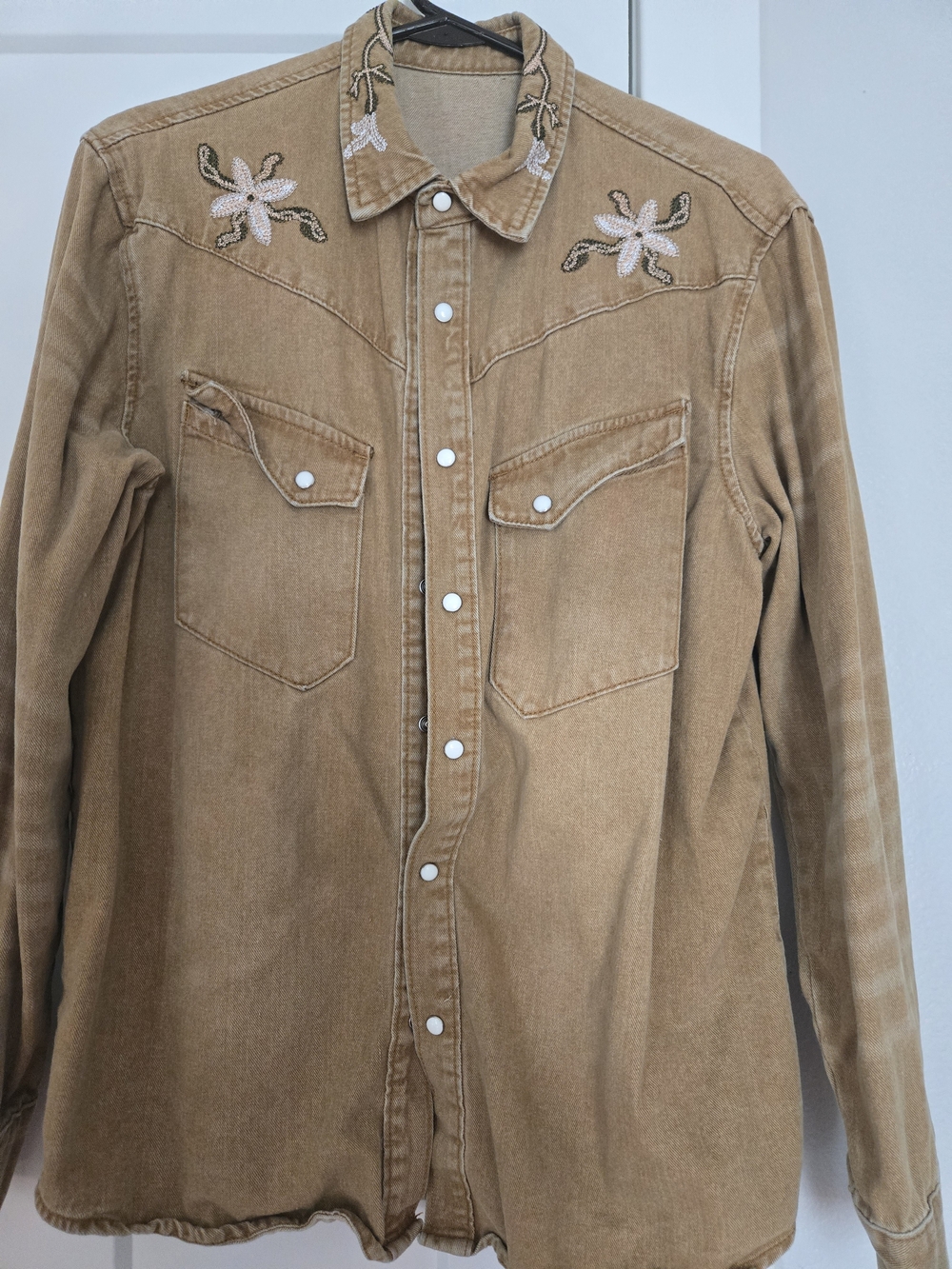 Women's Tan Western Denim Shirt with Embroidered Yoke